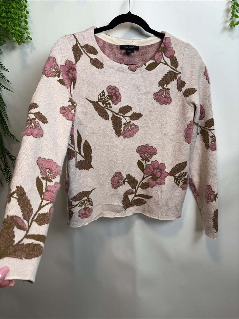 Tahari Pink and Brown Floral Crewneck Sweater